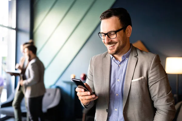 Enjoying His Work Happy Young Bearded Businessman Talking Mobile Phone — Stock Photo, Image