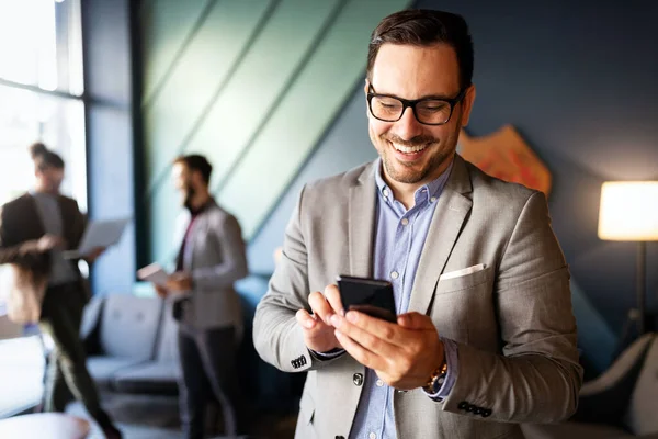 Handsome Businessman Checking Emails Phone Office — Stock Photo, Image