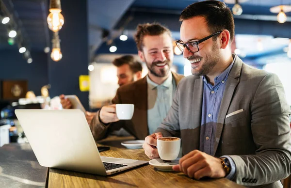 Happy Young Attractive Business Man Friends Talking Cafe — Stock Photo, Image