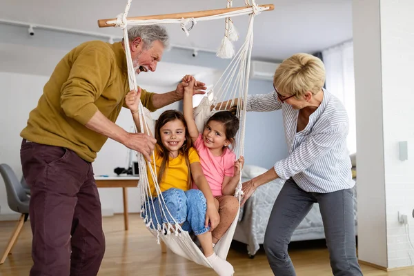 Beuatiful Grandchildren Having Fun Home While Playing Grandparents — Stock Photo, Image