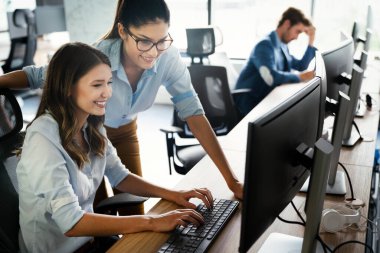 Girişimci iş adamları, modern ofiste günlük iş yapan bir grup programcı.