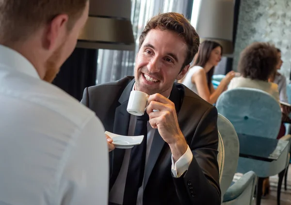 Colleagues Friends Two Cheerful Businessmen Having Coffee Break Talking Each — Stock Photo, Image