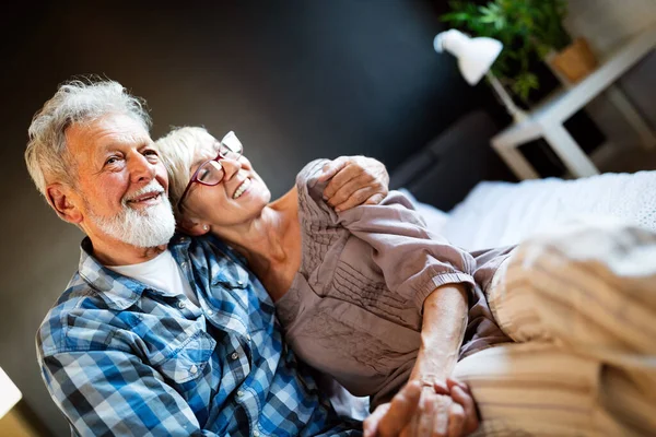 Happy Smiling Senior Couple Embracing Together Bedroom — Stock Photo, Image