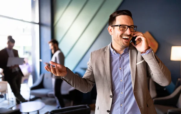 Enjoying His Work Happy Young Bearded Businessman Talking Mobile Phone — Stock Photo, Image