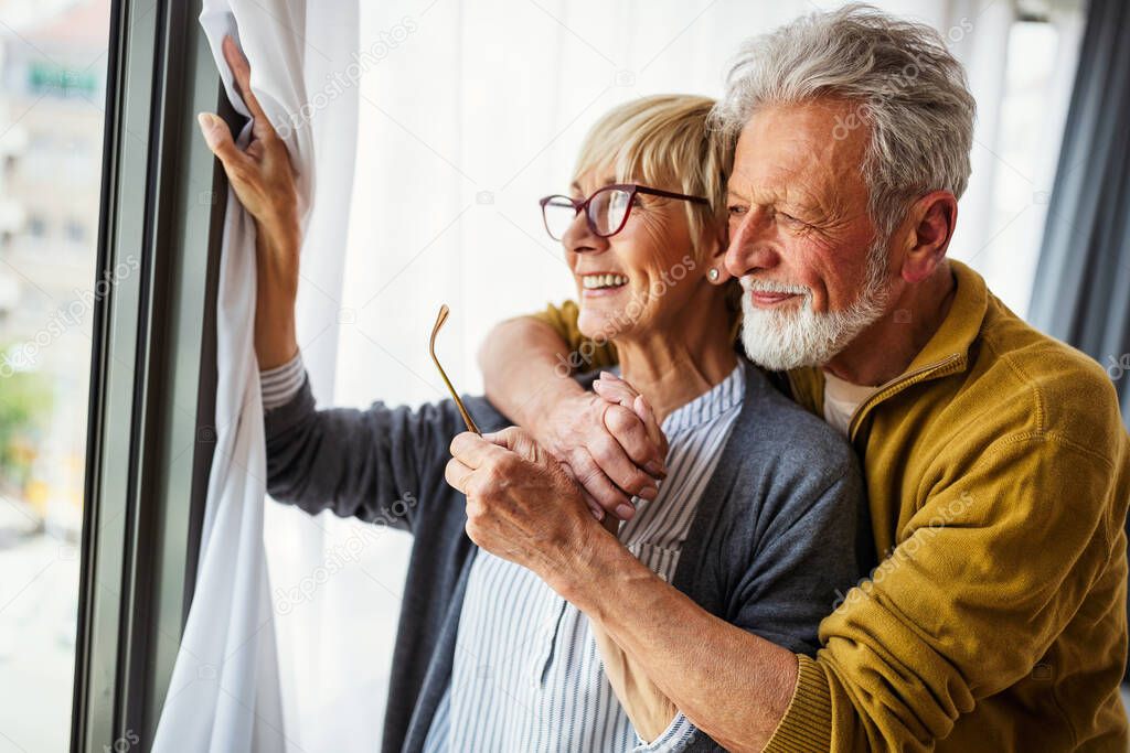 Happy senior couple hugging and enjoying retirement at home