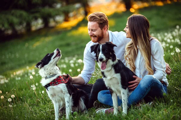 Couple Playing Dogs Park Outdoor — Stock Photo, Image