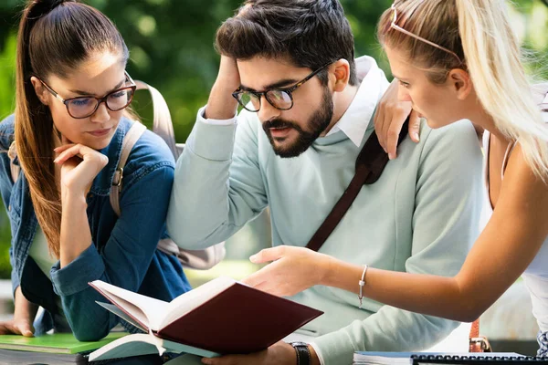 Szczęśliwa Grupa Studentów Studiujących Rozmawiających Razem Uniwersytecie — Zdjęcie stockowe