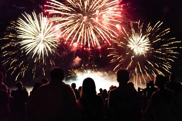 Menschenmenge Sieht Feuerwerk Und Feiert Der Nacht — Stockfoto