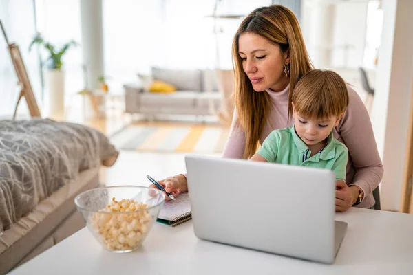 Mother Working Home Office Son Her Laptop — Stock Photo, Image