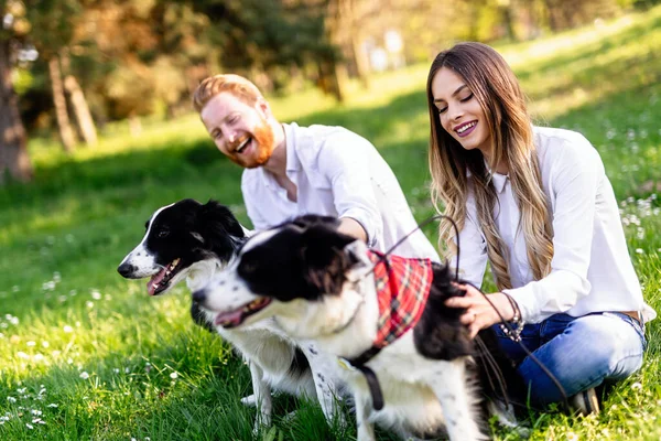Щаслива Пара Закохана Гру Собаками Парку Відкритому Повітрі — стокове фото