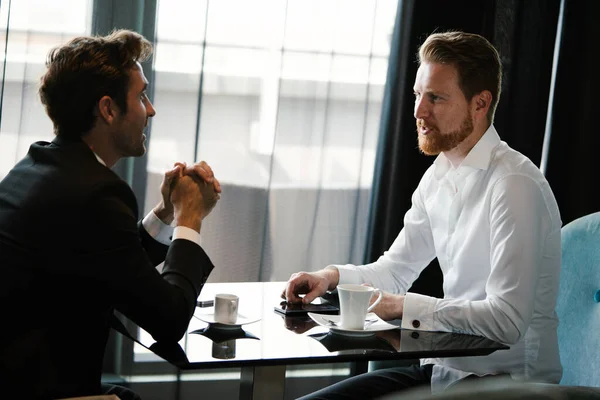 Colleagues Friends Two Cheerful Businessmen Having Coffee Break Talking Each — Stock Photo, Image