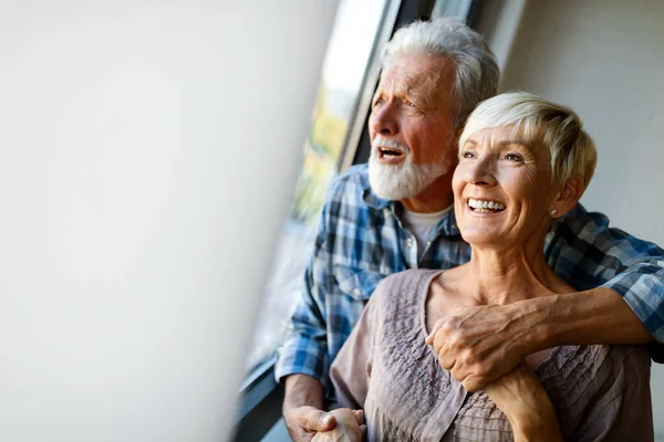 Happy Smiling Senior Couple Love Hugging Bonding True Emotions Home — Stock Photo, Image