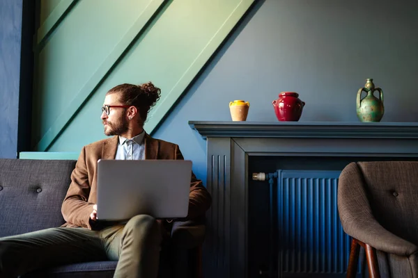 Young Handsome Business Man Working Relaxing Sofa Laptop — Stock Photo, Image