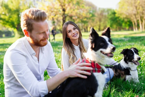 Pareja Joven Enamorada Paseando Disfrutando Del Tiempo Parque Con Perros —  Fotos de Stock