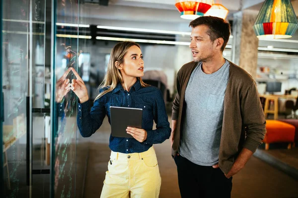 Happy Business Partners Colleagues Discussing Business Smiling While Walking Office — Stock Photo, Image