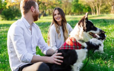 Genç mutlu çift köpeklerle oynuyor, parkta eğleniyor.