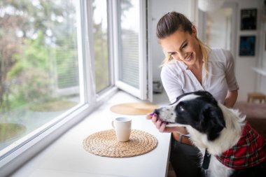 Evde köpeğiyle oynayan mutlu genç bir kadın. İnsanlar yaşam tarzı kavramını severler