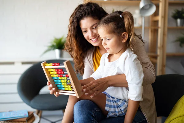 Mother Little Girl Kid Playing Abacus Early Education — Stock Photo, Image