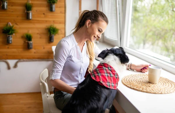 Porträt Einer Glücklichen Frau Die Hause Mit Ihrem Hund Spielt — Stockfoto