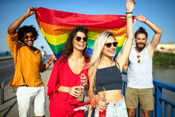 Happy Group People Friends Hanging Out City Waving Lgbt Pride — Stock Photo, Image