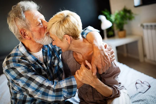 Happy Smiling Senior Couple Love Hugging Bonding True Emotions Home — Stock Photo, Image
