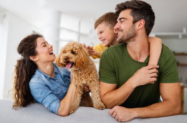 Mutlu aile kavramı. Güzel, genç ebeveynler evlerinde oğluyla oynuyorlar..