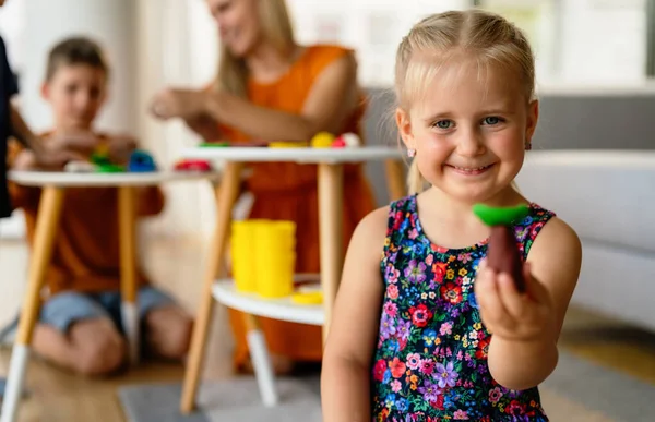 Little Kids Playing Plasticine Teacher Mother Play Children People Kid — Stock Photo, Image