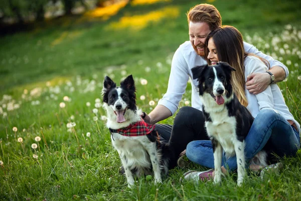 Щаслива Пара Грає Собакою Парку Відкритому Повітрі Люди Концепція Домашніх — стокове фото