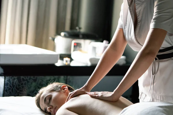 Wellness Spa Massage Concept Beautiful Woman Having Massage Salon — Stock Photo, Image