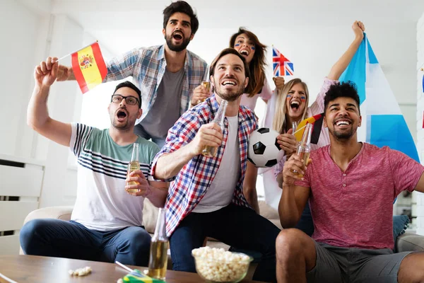 Excited Happy Fans Soccer Friends Celebrating Winning Match Home — Stock Photo, Image