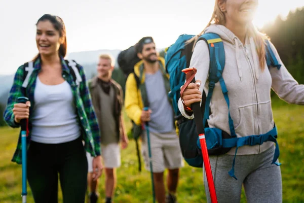 Groep Jonge Vrienden Wandelen Het Platteland Multiraciale Gelukkige Mensen Reis — Stockfoto