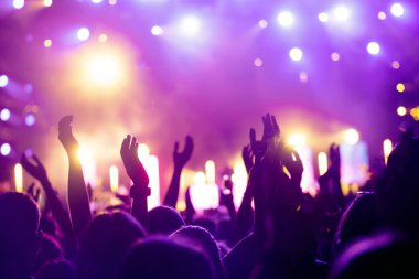 Müzik festivalinde elleri havada neşeli bir kalabalık.