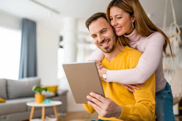 Happy Couple Spending Time Electronic Equipment Home — Stock Photo, Image