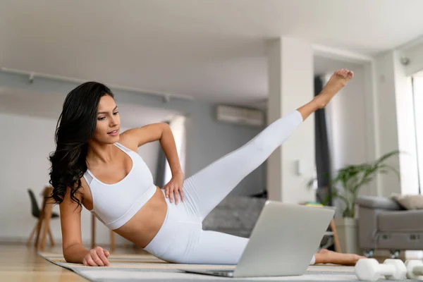 Beautiful Fit Happy Woman Exercise Fitness Home Instead Going Gym — Stock Photo, Image