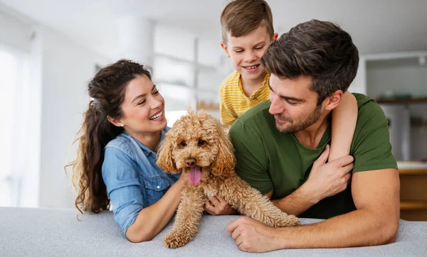 Feliz Familia Joven Divirtiéndose Jugando Juntos Casa Con Perro — Foto de Stock