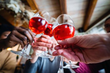 Mutlu çoklu etnik çeşitlilikte gülümseyen insanlar. Aile kadeh kaldırıyor ve evde birlikte eğleniyor.