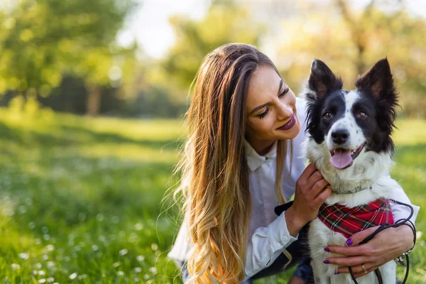 Красива Жінка Грайливою Молодою Собакою Свіжому Зеленому Лузі — стокове фото