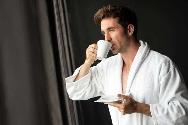 Young Happy Handsome Man Drinking Morning Coffee Bathrobe — Stock Photo, Image