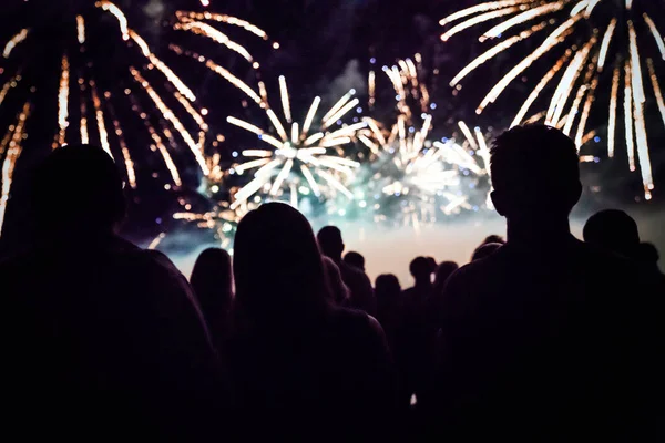 Tömeg Tűzijátékot Néz Ünnepel Éjszaka — Stock Fotó