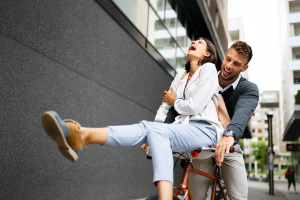 Close Loving Couple Riding Bike Having Fun City — Stock Photo, Image