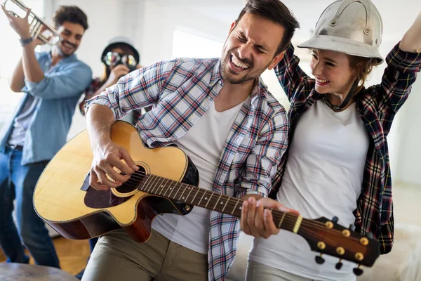 Cheerful Group Friends Having Party Together Playing Instruments — Stock Photo, Image