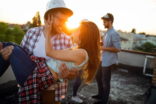 Group Happy Young Friends Having Party Rooftop — Stock Photo, Image