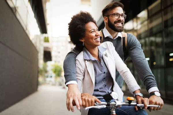 Happy Business Couple Riding Bike City Having Fun Together — Stock Photo, Image