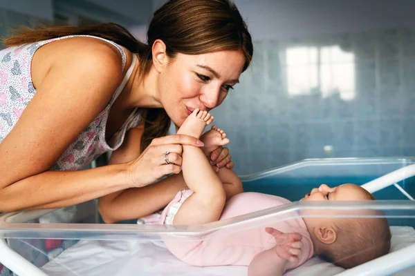 Happy Cheerful Family Concept Mother Baby Kissing Laughing Hugging — Stock Photo, Image