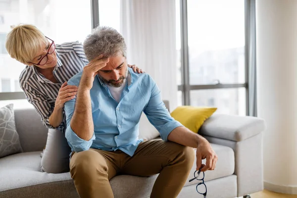 Senior Woman Comforting Elderly Man Depression Health Problem Stress Home — Stock Photo, Image