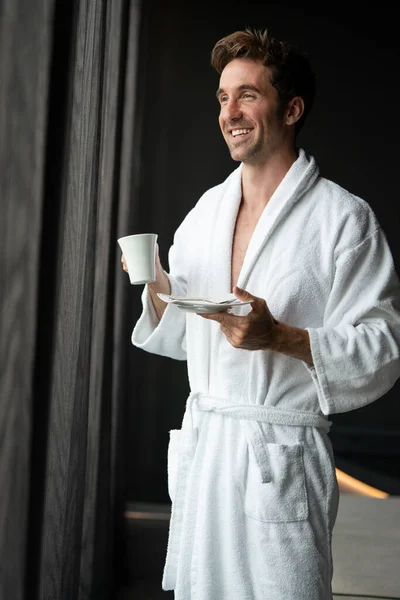 Young Man Bathrobe Drinking Coffee Hotel Spa Center — Stock Photo, Image