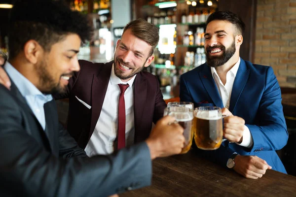 Meeting Best Friends Happy Young Men Talking Drinking Beer While — Stock Photo, Image