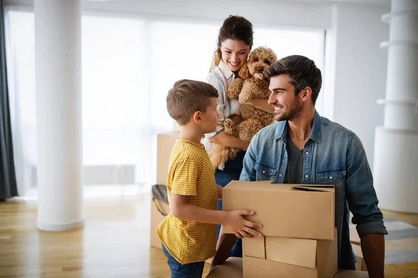 Happy Family Unpacking Boxes New Home Moving Day People Real — Stock Photo, Image