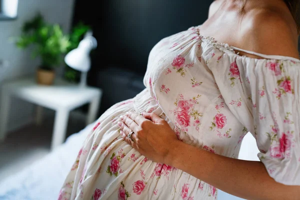 Porträtt Lycklig Leende Vacker Gravid Kvinna Hemma — Stockfoto