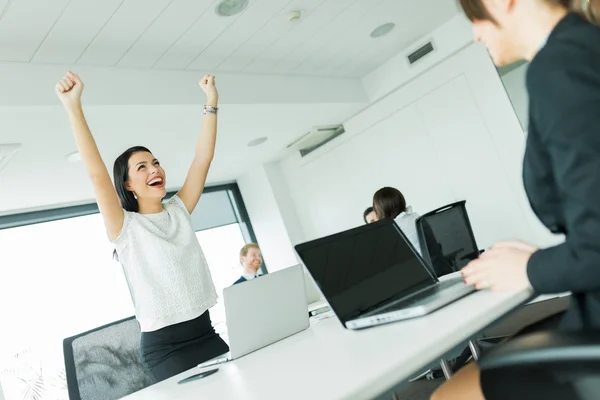 Businesswoman jumping from joy — Stock Photo, Image